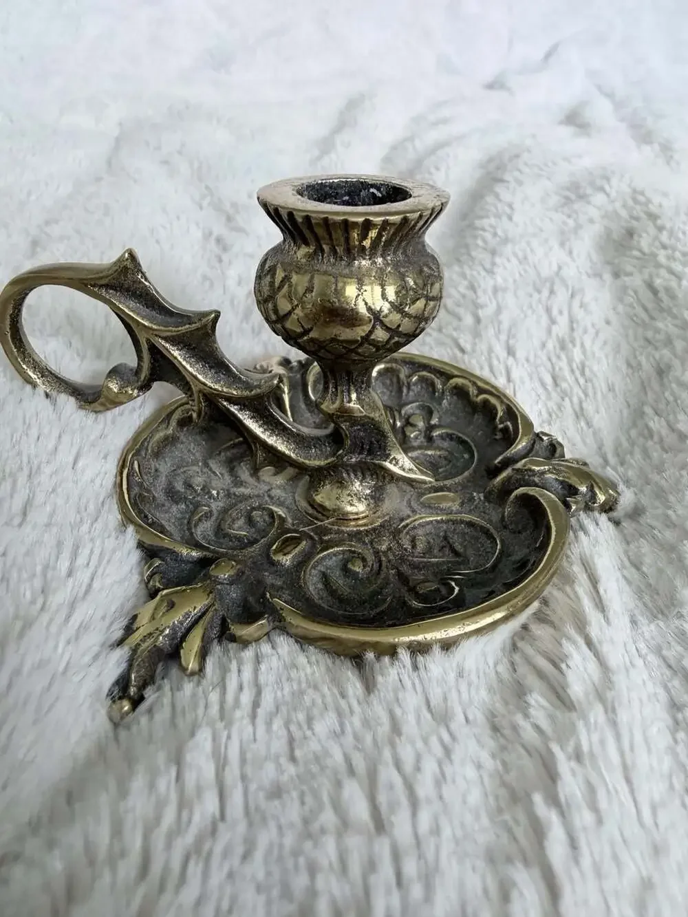 Vintage Ornate Brass Thistle Chamberstick Candle Holder Made in England
